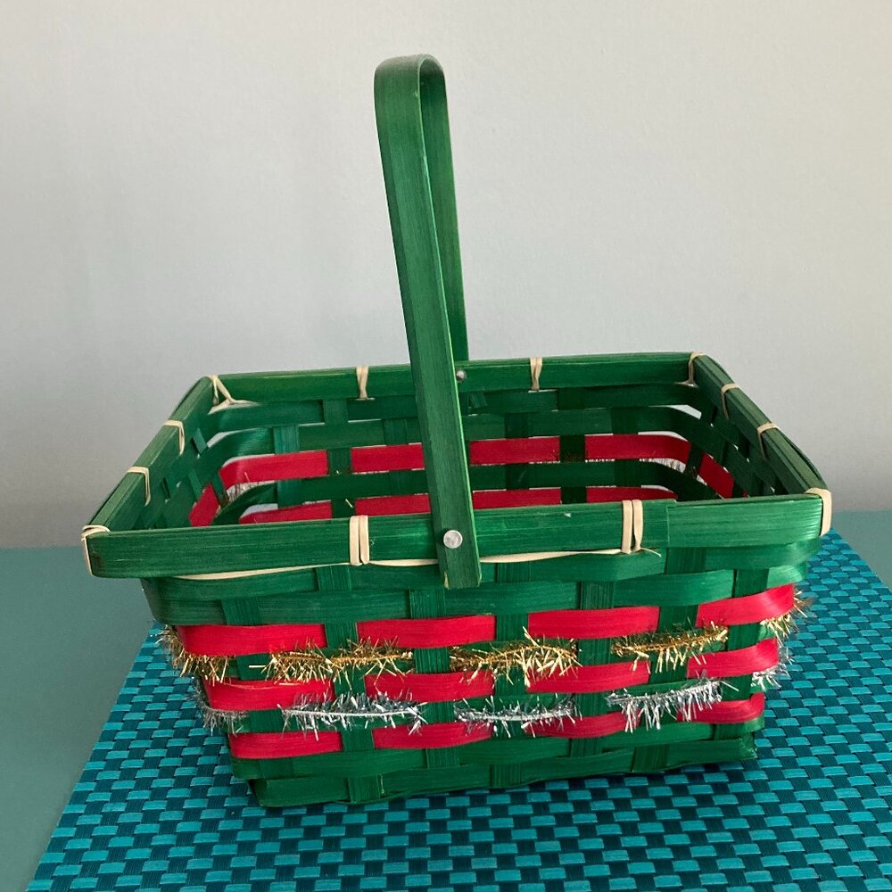 Green Handled Basket with Red Gold Silver Accents - Christmas/Holiday Themed